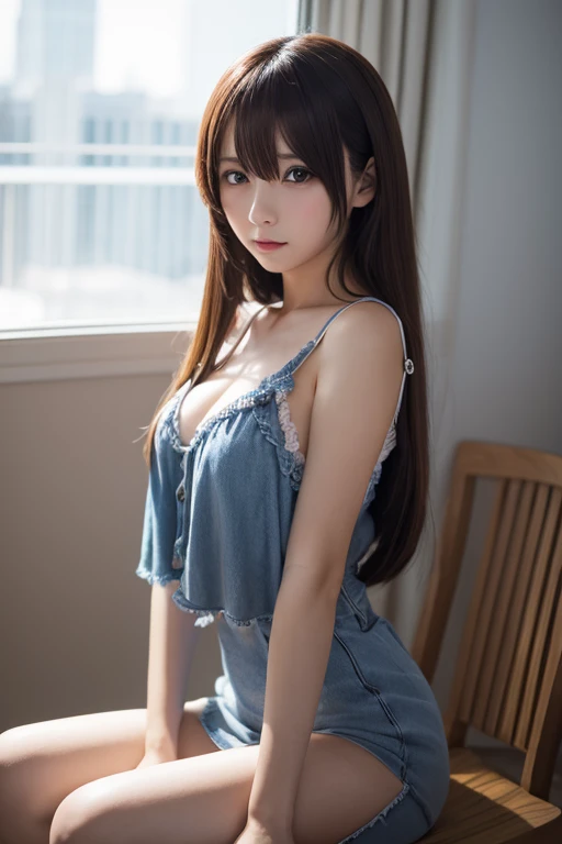 (masterpiece,highest quality,超A high resolution),Japanese women, (((Very cute 12 year old girl))), View the photographer, Front view, ((Long Hair)), Super cute face, Glossy lips, Double eyelids on both eyes, Focus your eyes, Natural Makeup, bangs, Shiny and smooth light brown long hair, (((Upper body close-up))), big breasts, Perfect limbs, Perfect Anatomy, (((Pleated denim mini skirt:1.4))), ((Wear a denim jacket over a white camisole:1.3)), ((Black knee-high socks:1.3)), ((Smile)), bedroom at night, (Cleavage:1.3), ((Include the whole face and focus on the chest:1.2)), View your viewers, (Strike a cute pose:1.2), NSFW, Perfect and natural fingers,