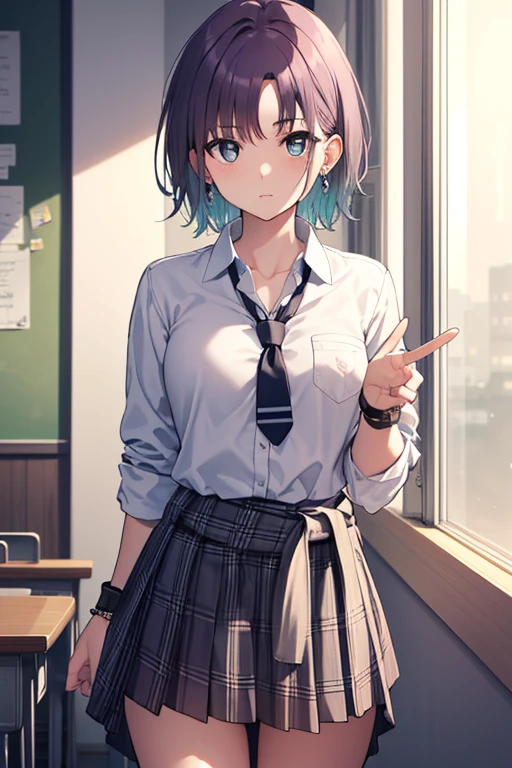 (8K、Highest image quality、highest quality、masterpiece)、detailed face、1 girl、black hair、short hair、Inner winding、((long nape:1.1))、gray eyes、Moderate chest、((school uniform))、tie、black pleated skirt、cowboy shot、classroom background