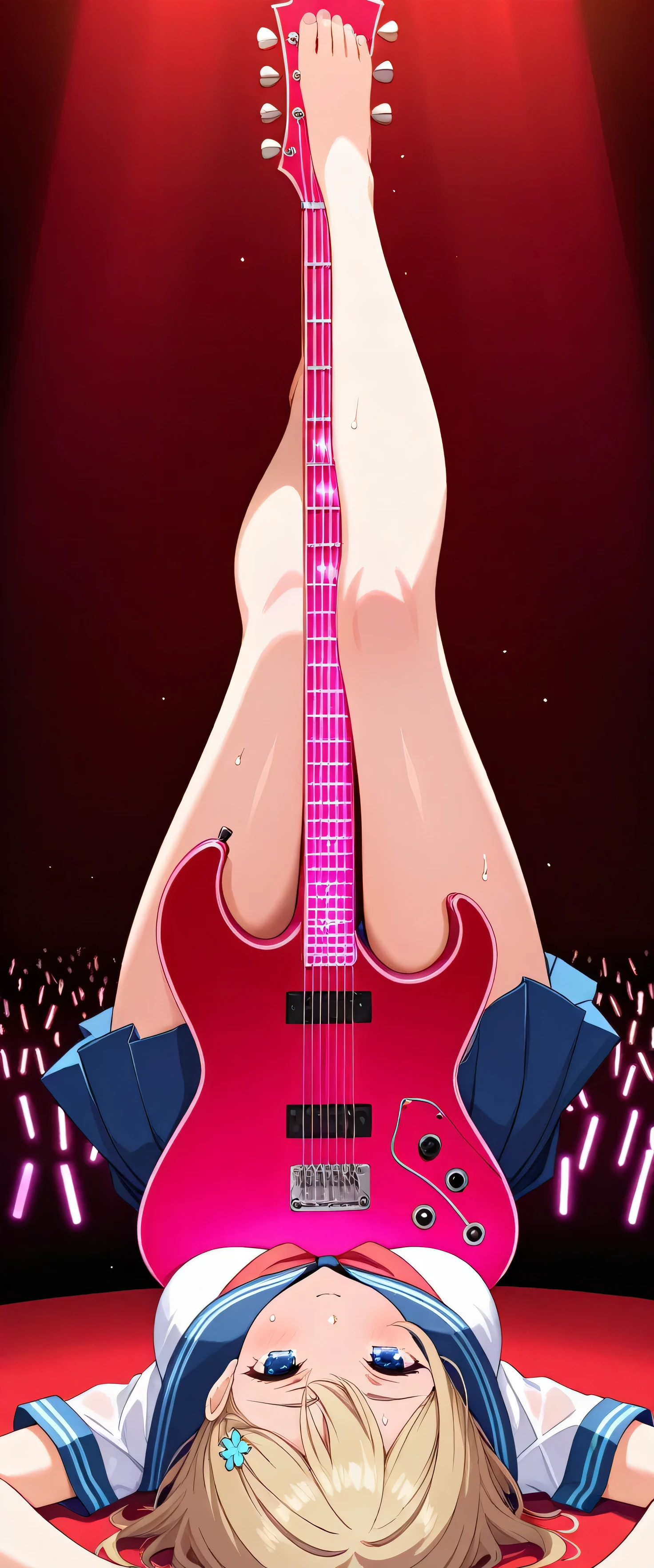 (beautiful girl:1.3),(leaning back:2.0),masterpiece,Please redeem,Ultra-high resolution,rich contrast,Very high quality,8k,Highly detailed CG unit wallpaper,Texture,So ridiculous,RAW Photos,anime-style illustration,studio anime style,professional photograph,an extremely delicate and beautiful,Depth of written boundary 1.2,Live Performance Venues,Super large stage,rocker,(overhead shot:1.5) ,(red glow stick:1.3),engraved,Her girlfriend from the girls' rock band,Ayase Alisa,  1girl , blue eyes, blonde hair, very short hair,hairclip,  serafuku, white shirt, short sleeves, red neckerchief, pleated skirt, blue skirt,(she's playing the guitar),(Neon pink glowing guitar),(((sweat))),wet,no expression,She fell hard and ended upside down,She is head down,(Legs Up:1.5),(Rear View:1.5)