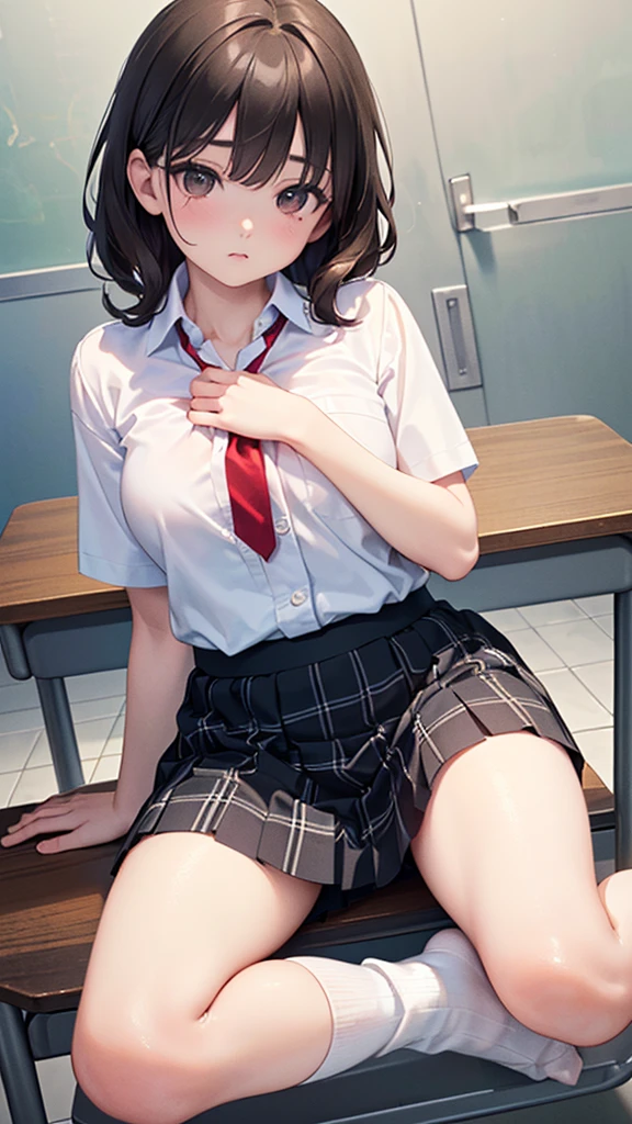 masterpiece, ultra quality, 4K, Extremely delicate and beautiful girl,Extremely delicate and beautiful, world masterpiece theater, Extremely detailed, Very detailed, best quality, High resolution, Very detailed,(young girl:1.6),tiny, ((black short hair)),(blunt bangs:1.8,hair over eyes:1.7),petite_body,micro bikini,(middle breasts:1.3), (sweat:1.3),((red tie,school shirt:1,red pleated skirt:1)),(sitting
:1.7),(spread_legs:1.5,spread pussy:0),(from front:1.3),(sex:0),(happy:1.3,screaming:1.4,tongue out:1.2,mouth drooling:1.1),(cum dripping:0),private room, bed side, Dough, canvas, painting, realistic, realist ,real,