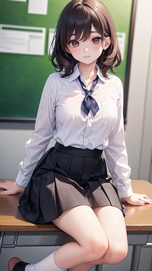(1 person、solo), Beautiful woman, High definition beautiful black eyes、Anatomically perfect body, (Slender)、(High school girls), (Blazer uniform、White shirt, Pleated skirt), (Pussy juice:1.2), (Look down), (Embrace your chest:1.2)、Leaning forward、16 years old、(Highest quality)、Black Hair, (half updo:1.1), classroom、(8k, High resolution)、(shy:1.2)、Mid-chest, (steam:1.1), (embarrassed:1.4), show off nipples under shirt、(wide shot), (Inner thighs)