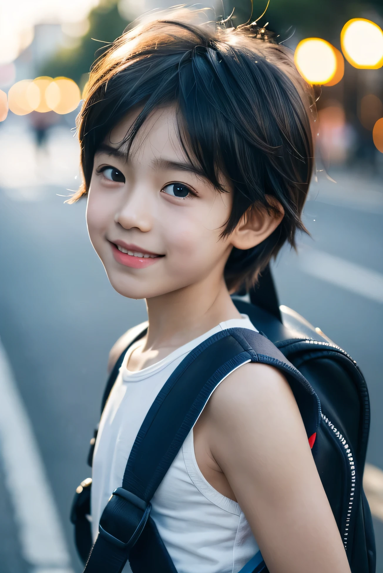 (A young boy), realistic, There is a smiling 11 years old Arafed young boy wearing a singlet with backpack Cute boy, close up portrait shot, Happy kids, Younboy, joyful expressions, medium portrait soft light, ??? a, young cute asian face, good lighted photo, portrait soft light, at the ,photo model, real child body lines, at the night, on the big city road, many colorful light as background bokeh , emphasizing his features and creating a dynamic visual detail background,The boy has awesome hair style, backlight photo sample,Make a Disney avatar feel