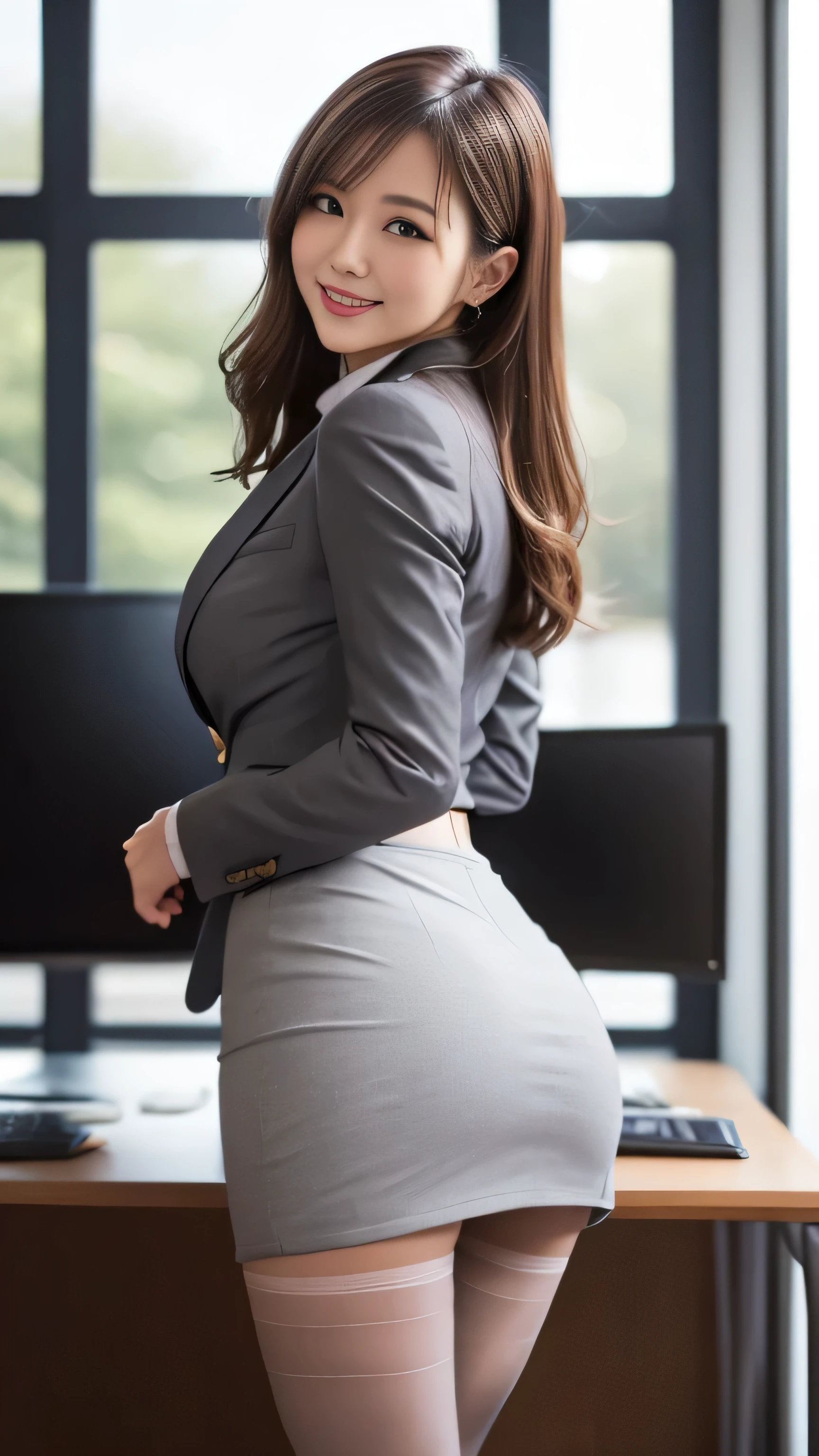 Highest quality, masterpiece, Ultra-high resolution, (realistic:1.4), RAW Photos, Very detailed, Perfect Anatomy, The most beautiful Japanese female office worker in the world、Rear view、((Accentuate your butt、Draw the whole body:1.4))、((smile、Looking back at the camera:1.4))、Glamorous Body、Perfect Proportions、(((Her beautiful, big, forward leaning postureで、Perfect big ass sticking out for the camera:1.4)))、Very close to the butt、Drawing from the knees up、forward leaning posture、((Shoulder hair、Straight hair:1.4))、 1 girl, Age 25, Most popular Japanese idols, ((Wearing a light grey business suit and a tight pencil mini skirt、Point your butt up):1.2), (He is wearing a light gray business suit over a white dress shirt.。.、Wearing beige pantyhose、transparent pantyhose、Wearing black high heels。.。.。.), Innocent smile, Very cute face like the most famous Japanese idol, very beautiful big black round eyes, ((Very beautiful semi-brown hair)), Very beautiful slender body, Very beautiful breasts, Very beautiful ass in a light gray business mini skirt, Plump thighs、 Draw the whole body、very beautiful realistic skin, Pay attention to the butt、Turn around and look at the camera、 A business suit with attention to detail, A good quality white dress shirt、The background is the business district、Outdoor