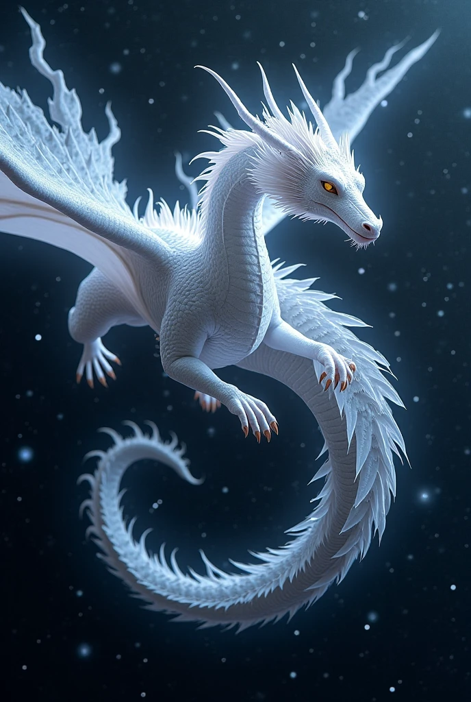 An ice dragon with wings made of ice and completely white.