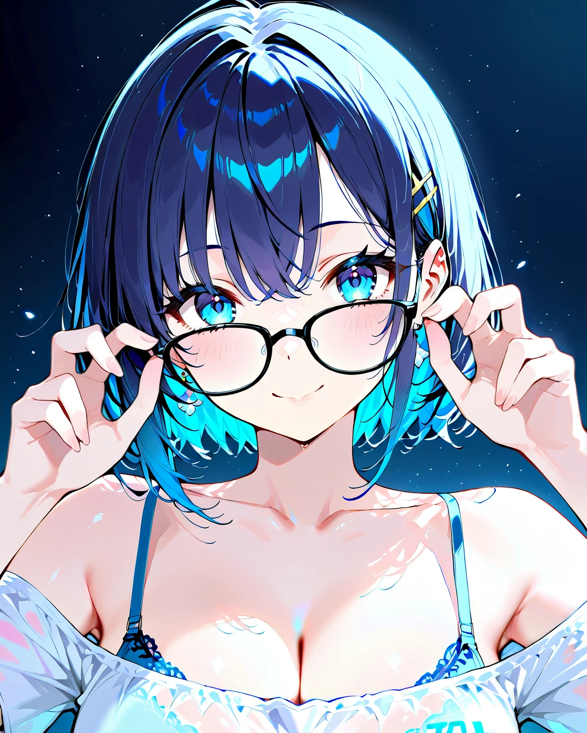 kyriedef, hair over one eye, pink hair, glasses, short hair, purple eyes, shaded face, detailed face, sweating, looking at viewer, embarrassed, blush face, clenched teeth, detailed face, sweating, looking at viewer, modern decor,cozy atmosphere,relaxing vibes,urban backdrop,dreamy ambiance, huge breast, hair ornament, magical aura, enchanting beauty, mystical setting, enchanting artwork, intricate details.sweating, breasts, 1girl, choker, black_choker, bubble, breasts, solo, air_bubble, underwater, cleavage, looking_at_viewer, jacket, collarbone, upper_body