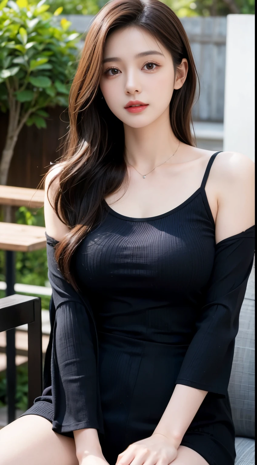 dark brown hair、Light brown eyes、The face of the Japan actress、 Lady、looks like him'i'i'i'i'i'i'i'i'I'm about 40 years old、(intricate-detail:1.2)、(top-quality:1.4)、 (超A high resolution:1.2)、超A high resolution、(A detailed eye)、(detailed facial features)、nffsw、8K resolution、D-cup size breasts、length hair、i'i'i'i'i'i'i'I'm sitting comfortably on a sofa on the quiet terrace of a cafe..、Relaxing、Leaning on the backrest、Black One Piece Lounge Set Leisure Wear,