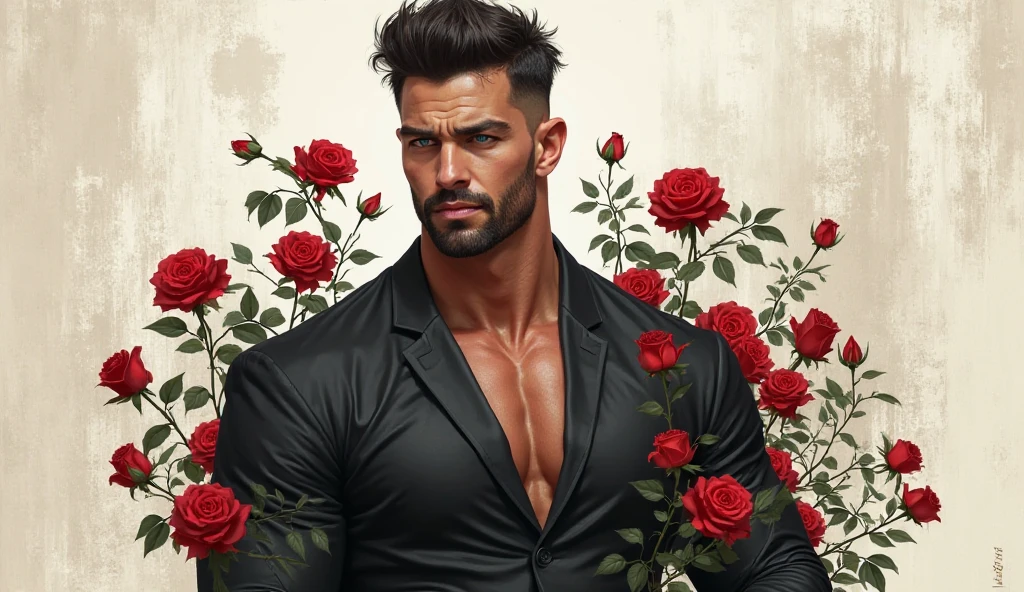 (absurdres, highres, ultra detailed), 1 male, solo, beautiful, handsome, extremely detailed facial features, tall muscular guy, smooth skin, sexy gaze, mature, verious red and pink roses around him, the man is standing comfortably in the roses, from directly above, gorgeous, wet, model pose, colorful, artistic, depth of field, focus on his calm facial features, elegant look, looking at the viewers romantically, shirtless, bare body, wearing a winter coat and a brief, touching his chin,