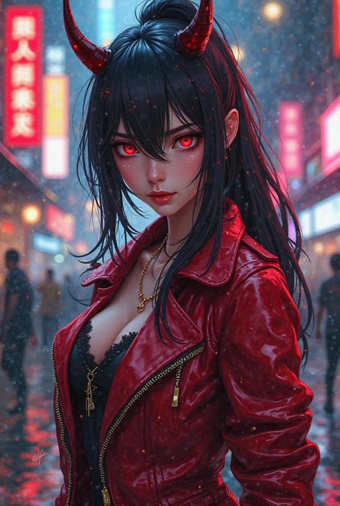 masterpiece, best quality,8k quality, 
1girl, black hair, black jacket, blurry, blurry background, breasts, depth of field, glowing, glowing eyes, helmet, horns, jacket, jewelry, katana, long hair, looking at viewer, mask, medium breasts, necklace, neon lights, oni mask, open clothes, open jacket, outdoors, rain, red eyes, samurai, sheath, sheathed, shirt, solo, sword, tattoo, teeth, upper body, weapon, white shirt, zipper