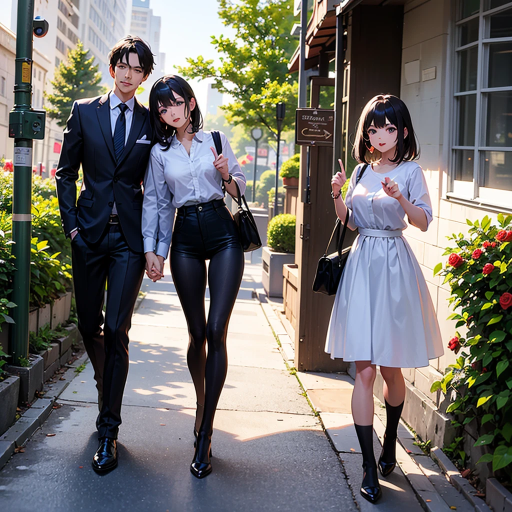 Black-haired Chinese female college student and black-haired Chinese male college student walking together,Wearing bachelor's uniform,Walk around campus,sweet --auto