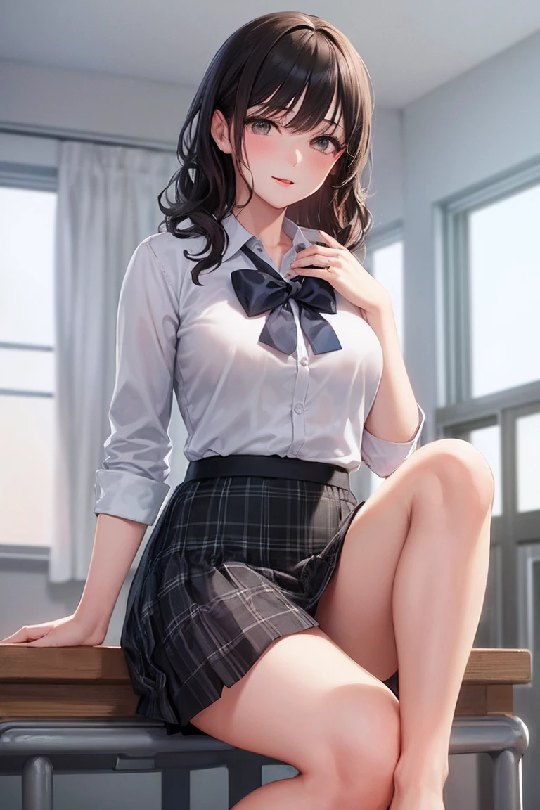 ((table top, highest quality, High resolution, nffsw, perfect pixel, 4k, nffsw, nffsw))), 1 girl, single, alone, beautiful woman、I could see the whole body、 ((short wavy hair, bangs, brown hair)), ((brown eyes, beautiful eyelashes, realistic eyes)), ((detailed face, blush:1.2)), ((smooth texture:0.75, realistic texture:0.65, realistic:1.1, Anime CG style)), medium breasts, dynamic angle, perfect body, ((school uniform, white shirt, black skirt, unbuttoned shirt、plaid skirt、not wearing shoes、white socks)), classroom without people、sit at desk、..、evening、、、Very embarrassing panic smile、(lift the skirt with your right hand、open your legs、open your knees wide、pink floral lace panties)、、(pink lace bra)、angle from below