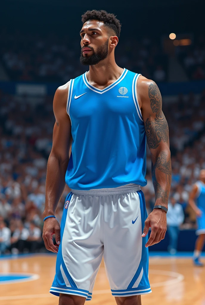 White basketball jersey with blue and Quetzalcoatl