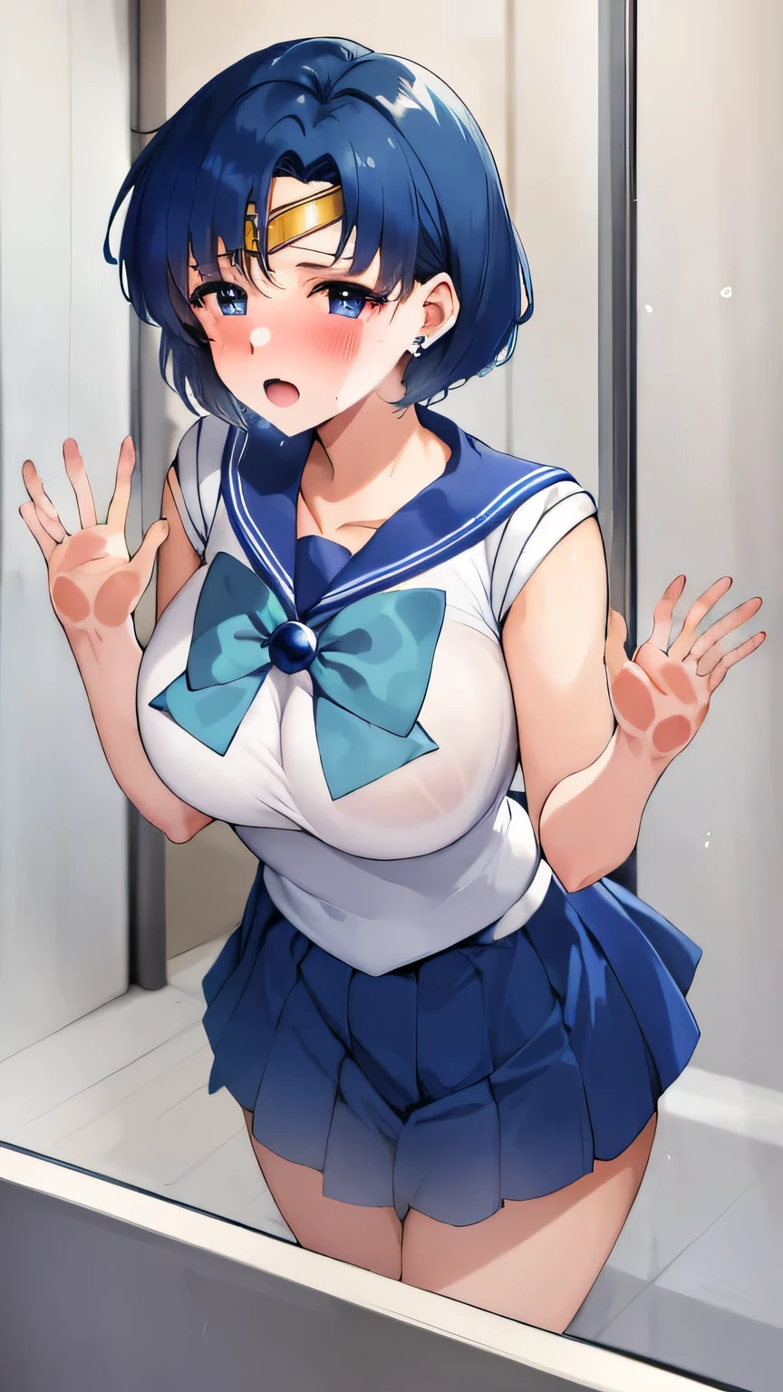 1girl , Ami Mizuno, (sailor mercury, neck ribbon, blue hair, short hair, circlet, jewelry, crescent earrings, blue skirt), hands on glass, breasts on glass:1.4, blushing face, flushing face、orgasm、イキ顔, white breath, big breast, desperately orgasm, Frantically