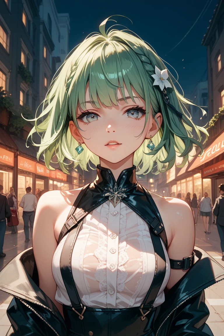 Mitsuri in demon slayer anime, 1woman, wearing a modern short black colour party frock, stylish frock, at a night party, mitsuri's hair style, 8k, high detailed, high quality