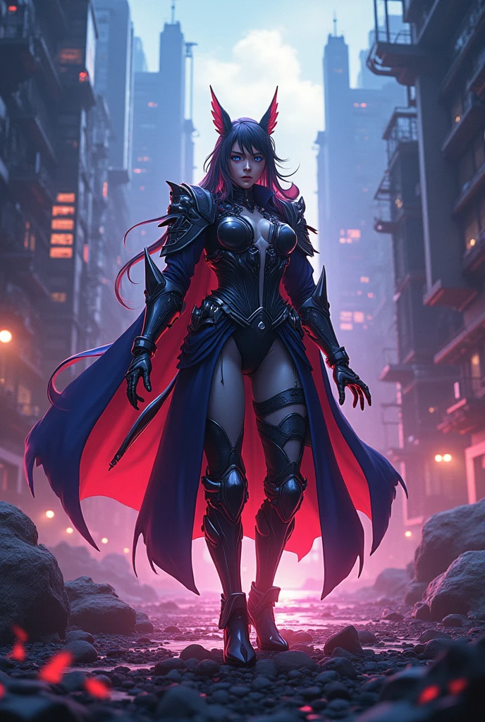 Highly detailed, stylized digital artwork featuring characters from a cyberpunk setting. The subject is a muscular, busty, light-skinned, hot woman squatting on a rooftop with a cityscape of neon lights and skyscrapers in the background. The character has intense red eyes, wears a hooded cape, mini skirt, and is adorned with red and black tactical gear, including fingerless gloves, arm guards, and various straps and buckles. They had a katana strapped to their backs and their faces were painted in red war paint. The overall color palette is dominated by dark tones, paired with eye-catching reds, creating a dramatic and strong atmosphere.