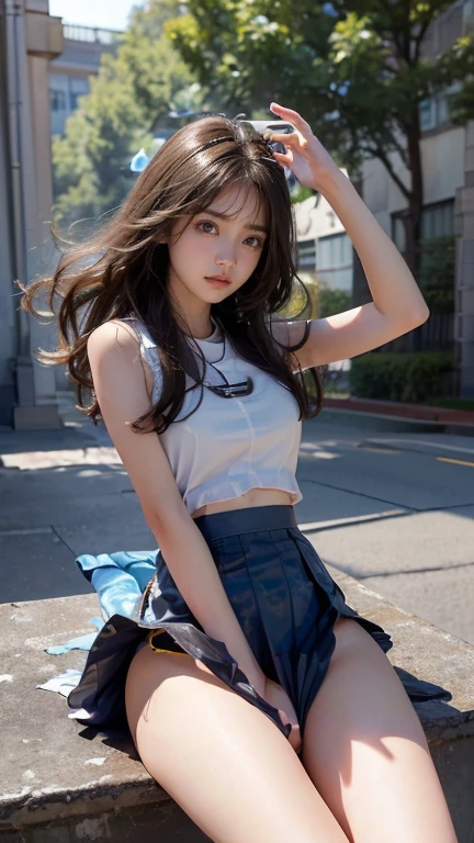 20 year old girl, blue top, short skirt, long hair, high contrast (Natural skin texture, Hyperrealism, Soft Light, sharp), portrait, standing, korean