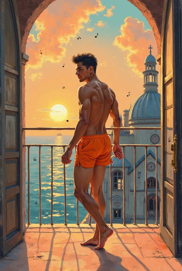 Generate image with a theme of beauty and masculine strength in an conection with power love for richness that includes elements such as elegant fuiniture, fancy deco in pastel colors that inspire power, luxury, rich, ((he is all fours showing his shaved ass wide spread open legs on a ultradecorate art deco sofa, starting to the viewer)) view from behind en es estitlo de eugene delacroix oil painting of a young man slender_athletic_realisim_body, italian_boy e is leaning forward leaning against the terrace railing watching the sun set and the sea Elements: art deco fuiniture and room, large window to see the night city by Aaron Horkey and Jeremy Mann, masterpiece, best quality, Photorealistic, ultra-high resolution, photographic light, illustration by MSchiffer, fairytale, Hyper detailed A mixture of photography and painting, ((simetryc Composition)), Perfect Divine Proportione, 8k resolution ((full body)) , oil painting intense dark hard colors palette The subject is a Latin man, cinnamon skin, toned muscular slender body, beautiful fine symmetrical face, black eyes, Roman nose, square jaw, diamond face shaped, tall, skin realism, hyperrealism oil painting, he is naked shirtless, pantless, barefoot, big vulge, erected penis, focus pec abs legs sholders, perfect anatomy, perfect proportions