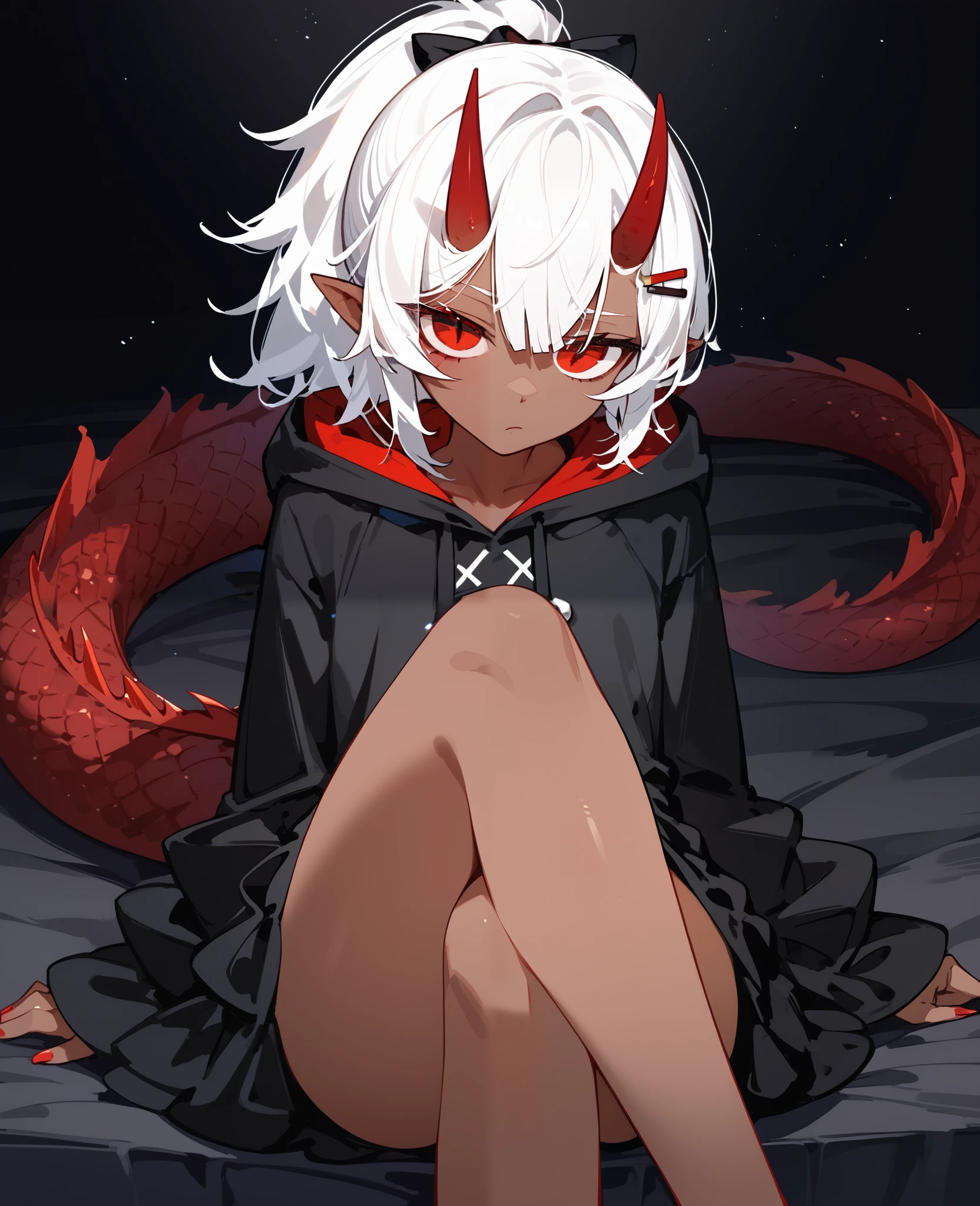 girl,Dark skin,Pointed ears,in red eyes, white hair, Ghoul eyes,Sharp eyes, Tomboy, short hair ,small chest,Slim Gold Hairpin,Black Robe,Has a dragon tail,There is a red horn,milf,Very Long Low Ponytail,Seating ,Crossed legs,Hooded Dress,medium face,Face Shape,Red tail,