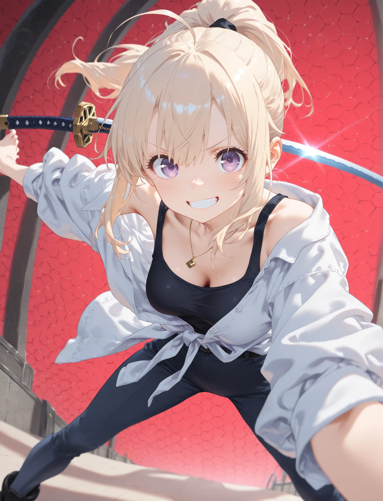 (masterpiece, best quality, great quality, detailed background, complex details, ridiculous, very aesthetic,blured background),beautiful woman,stupid hair、ahoge,{{high definition skin},8K high definition wallpaper,((very delicate and 美しい girl)),{high resolution},(Perspective:1.6),insanely detailed, very aesthetic, absurdres, ultra-highres, ultra-detailed, best quality,Alone,Alone focus,
BREAK 30years old,30 year old woman、japanese gyaru、light purple eyes,light blonde hair, Gold、Ponytail,grin,(medium breasts:0.7),(sagging breasts:0.7),(Well good:1.1),(honeycomb background:1.1)
BREAK Cyberpunk animation style. Close-Up Shot. She is the best Swordsman in the kingdom. Her sword have mysterious and elaborate designs. She holds her sword with a confident expression. Acrobatic pose. random dynamic angle shooting. Dynamic action blur. Light and shadow effects. The brilliance of the lensflare. Mysterious and Lively. Energetic. Dynamic perspective. Three-dimensional perspective. Shot with a super wide angle lens.