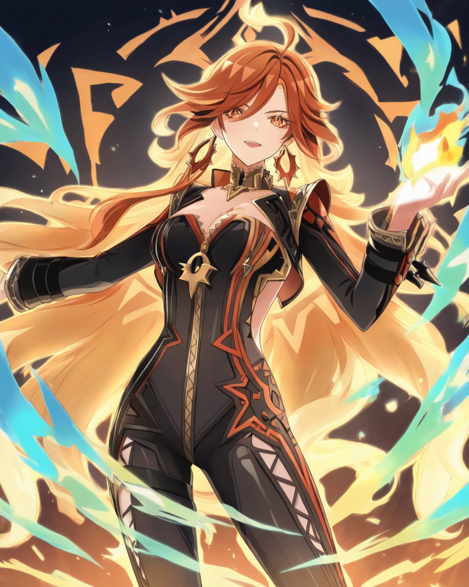 Mavuika, aura charge fire, (Genshin Impact), full view, with her Pyro Bike