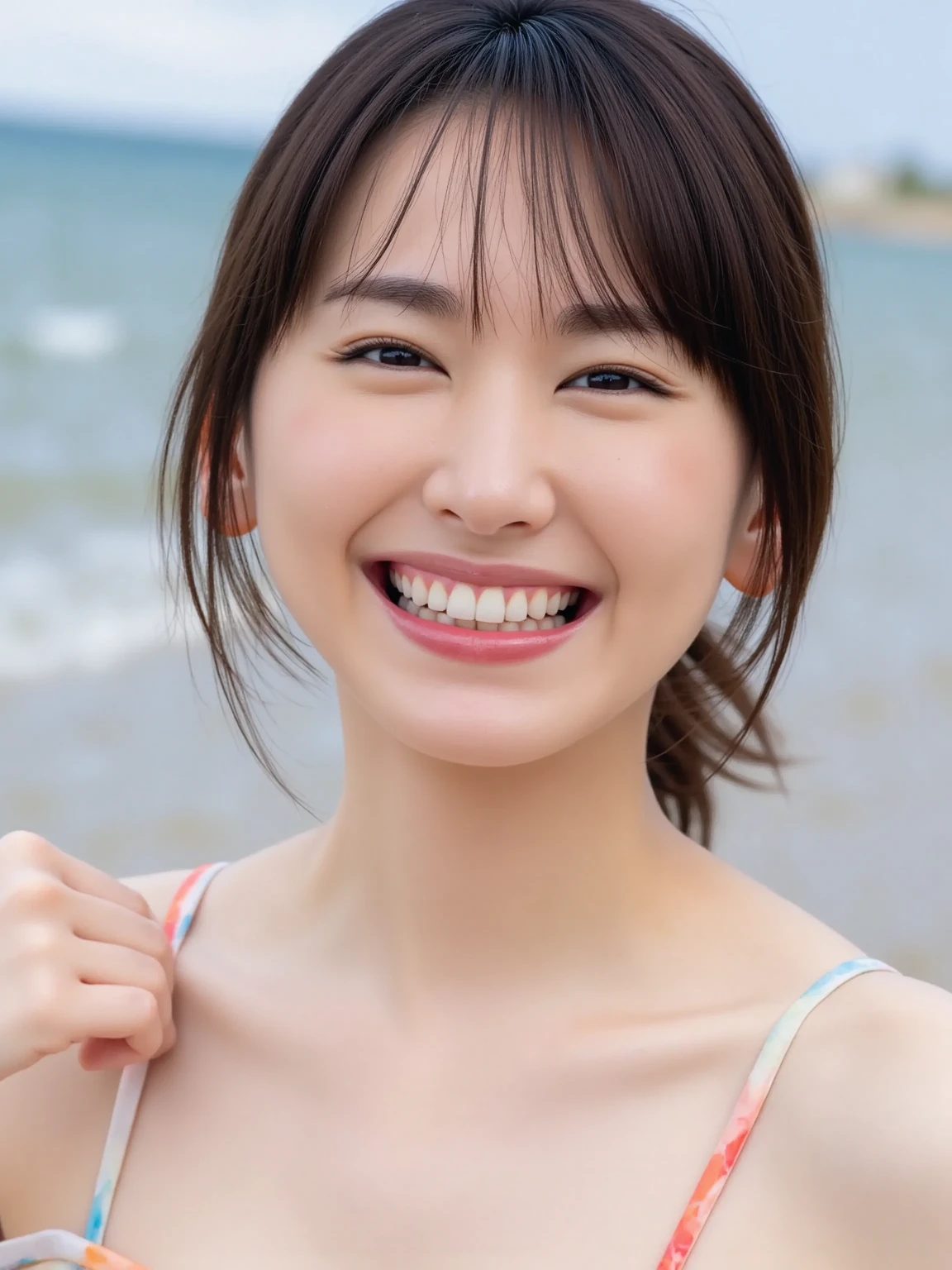((Extremely precise and accurate anatomy)), (masterpiece:1.43), Perfect balance, Realistic photos, Buckshot:1.22、Mid 20s、young woman、Very realistic、high resolution photo、Wavy, shoulder-length chestnut hair、Gracefully below the shoulder、Eyes are striking green with gold flecks、Natural arched eyebrows、The skin is white and smooth、A natural, healthy glow、Soft smile、Straight and white teeth、A fitted micro bikini made from soft and lightweight fabric.、Beach in late afternoon sunshine、The sea swaying in the breeze、Clear deep blue sky with white clouds、The sunlight is warm and golden、Natural highlights and shadows that accentuate facial features and clothing textureakeup is minimal and natural、Light foundation、A subtle blush、Subtle eyeliner、A little mascara、Soft pink lip color、Take various poseake various facial expressions、Wavy hair、A sense of movement and vitality、(((Shallow depth of field effect)))、Image focus、The atmosphere is warm、Joyful energy、Natural beauty