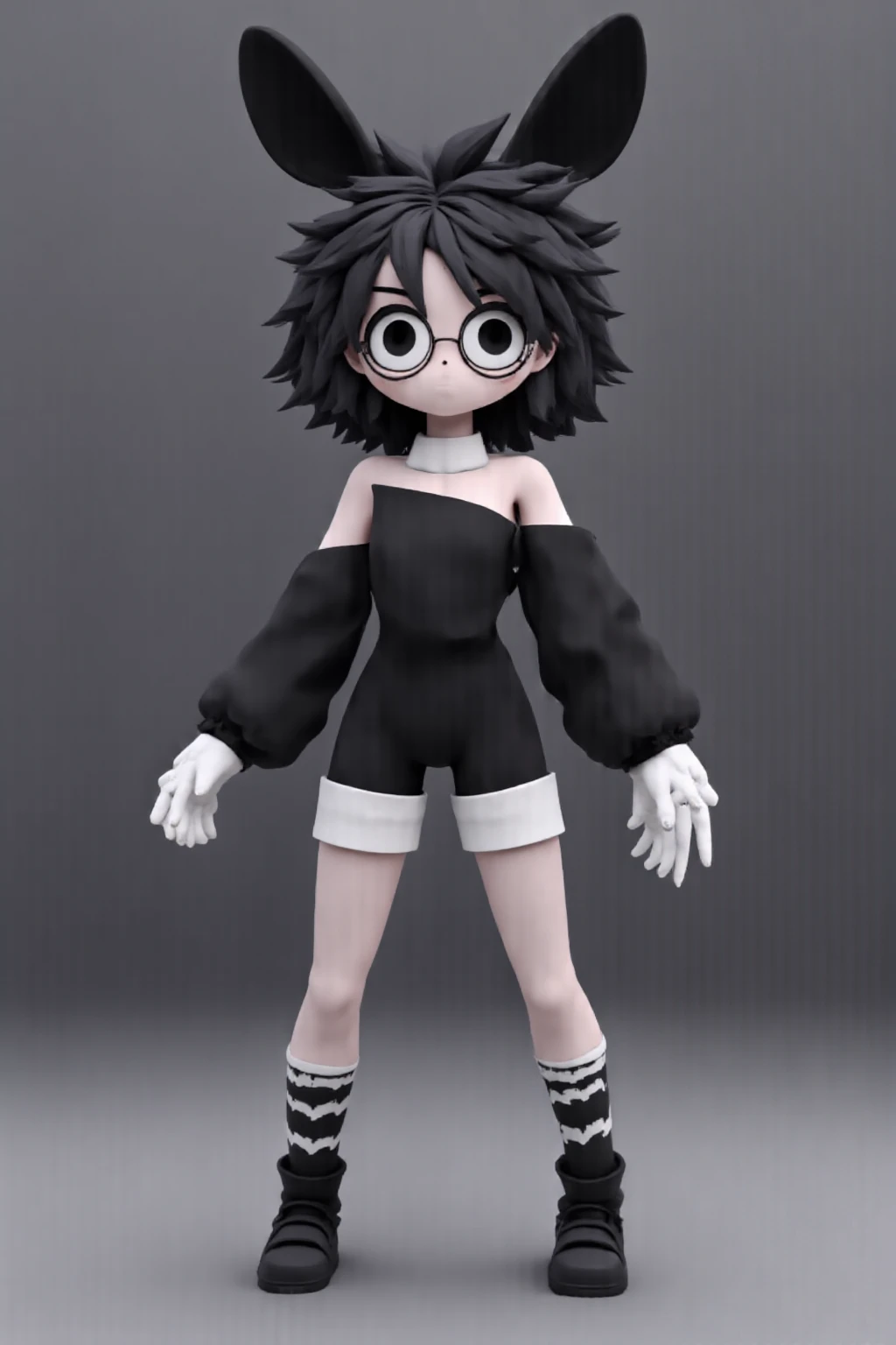 Young woman, with black hair, black buns, in cartoon style, black long sleeve top, which are black and white striped, black waist shorts, black and white sneakers, and a black backpack with a rabbit