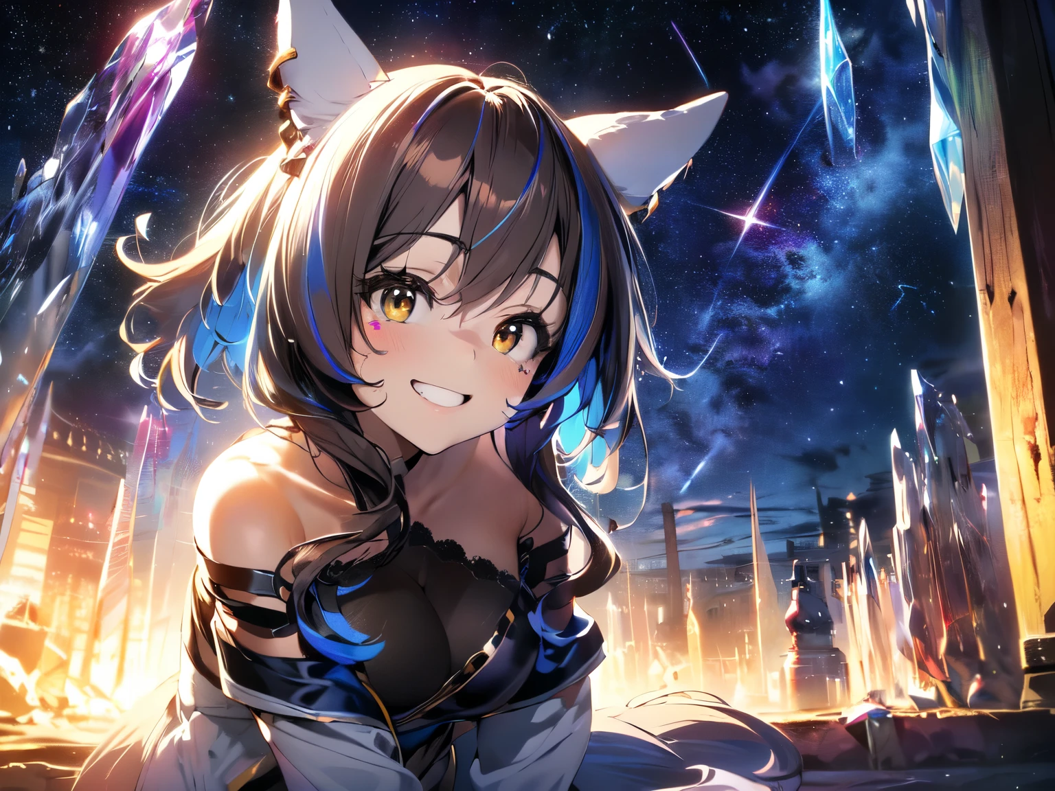 (Solo: 1.5), (Human), (Cute girl with horse ears: 1.5), (Horse tail), (Dark background, crystal earth, crystal plain, crystal forest, starry sky: 1.5), (Strong wind), (Big breasts), (Kneeling and leaning forward: 1.5), (Brave smile: 1.5), (Looking at camera), Hair blowing in the wind, (Dark lace outfit: 1.5, Black pantyhose), (Accurate anatomy: 1.5), (2D illustration: 1.5), Highest quality, highest resolution, (Upper body focus: 1.5), (Upper body close-up)
