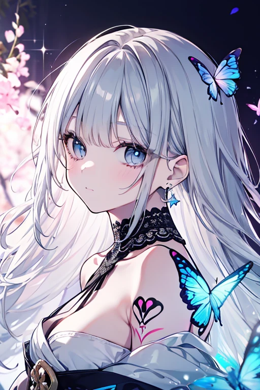 silver hair，Butterfly，long gray hair，8k wallpaper，Detailed background，Highest resolution，Deep V big breasts，hair covering one eye，church garden background，red rose background，Tight，moon，