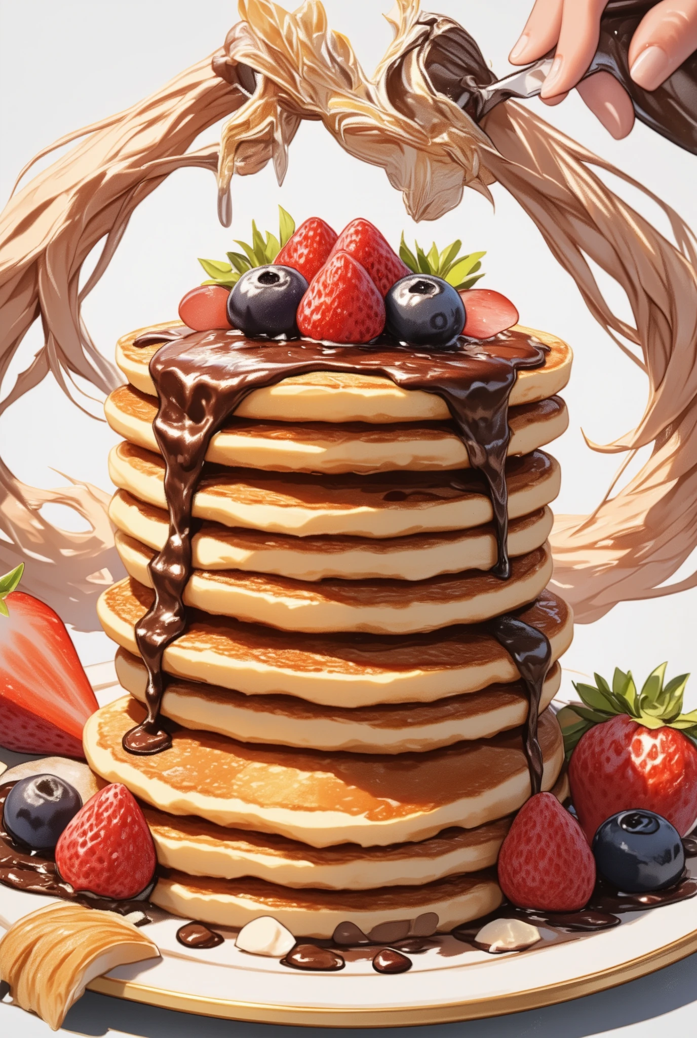 ( masterpiece、 best quality、 best quality、Official Art、 beautiful and beautiful :1.2)、(one girl:1.3) ,、Twin Tails, beautiful breasts,photorealistic, m (:zero) Pancakes on a plate, 5 layers of pancakes, pancakes with strawberries and chocolate cream on top, Looks delicious!, masterpiece, masterpiece