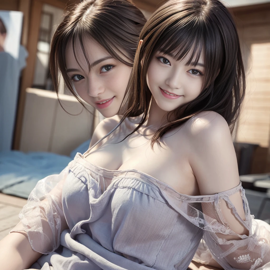 pieces fly, highest quality, ((highest quality、8K、masterpiece:1.3))、ultra high resolution、Physically based rendering、(realistic:1.37)、完璧な体の美しいtwo women:1.4、slim abdomen:1.2、Highly detailed face and skin texture、 red cheeks、white skin、thin waist,thin legs、highest quality,Super detailed,masterpiece,very beautiful 12 year old girl, (cute:1.2),perfect shiny skin,perfect skin,((Accurate hand without discomfort)), (brown hair),(short bob hair),(((lower body nude)))、((Long-sleeved white knit sweater with open neckline))、((big breasts))、smile、((Valley overlooking the waterfall))、(((No panties)))、(((I can see pubic hair)))、(((two women)))