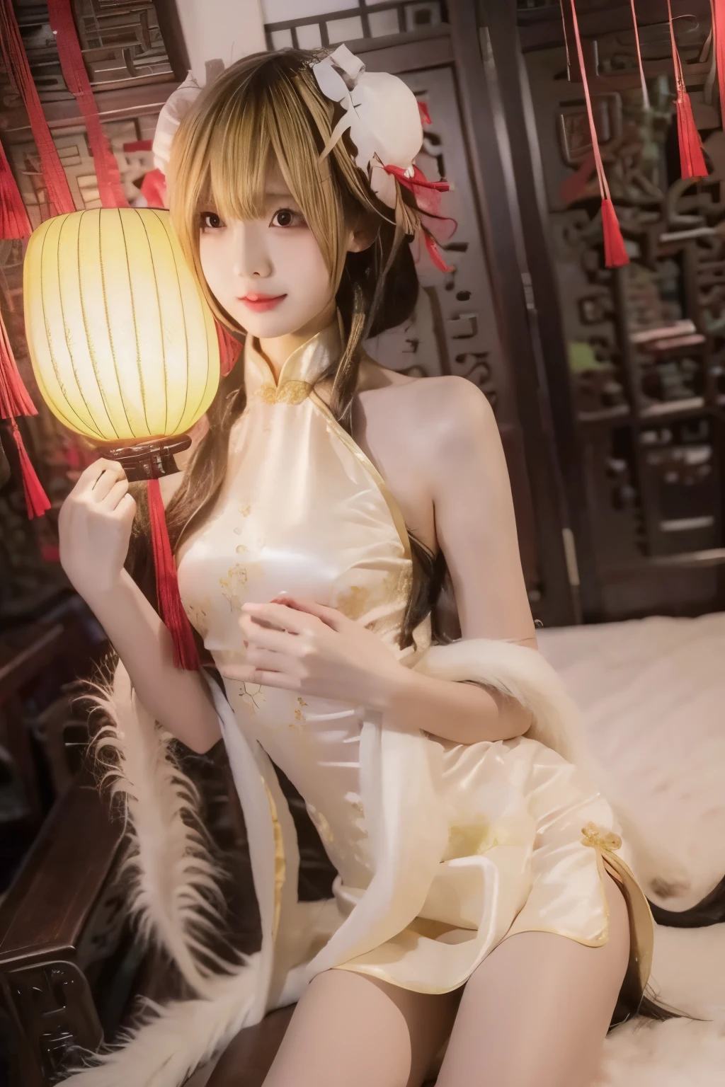 Beautiful Women with Perfect Bodies,Cleavage,Layered Hairstyle,Skin Whitening, long blond hair,cheongsam