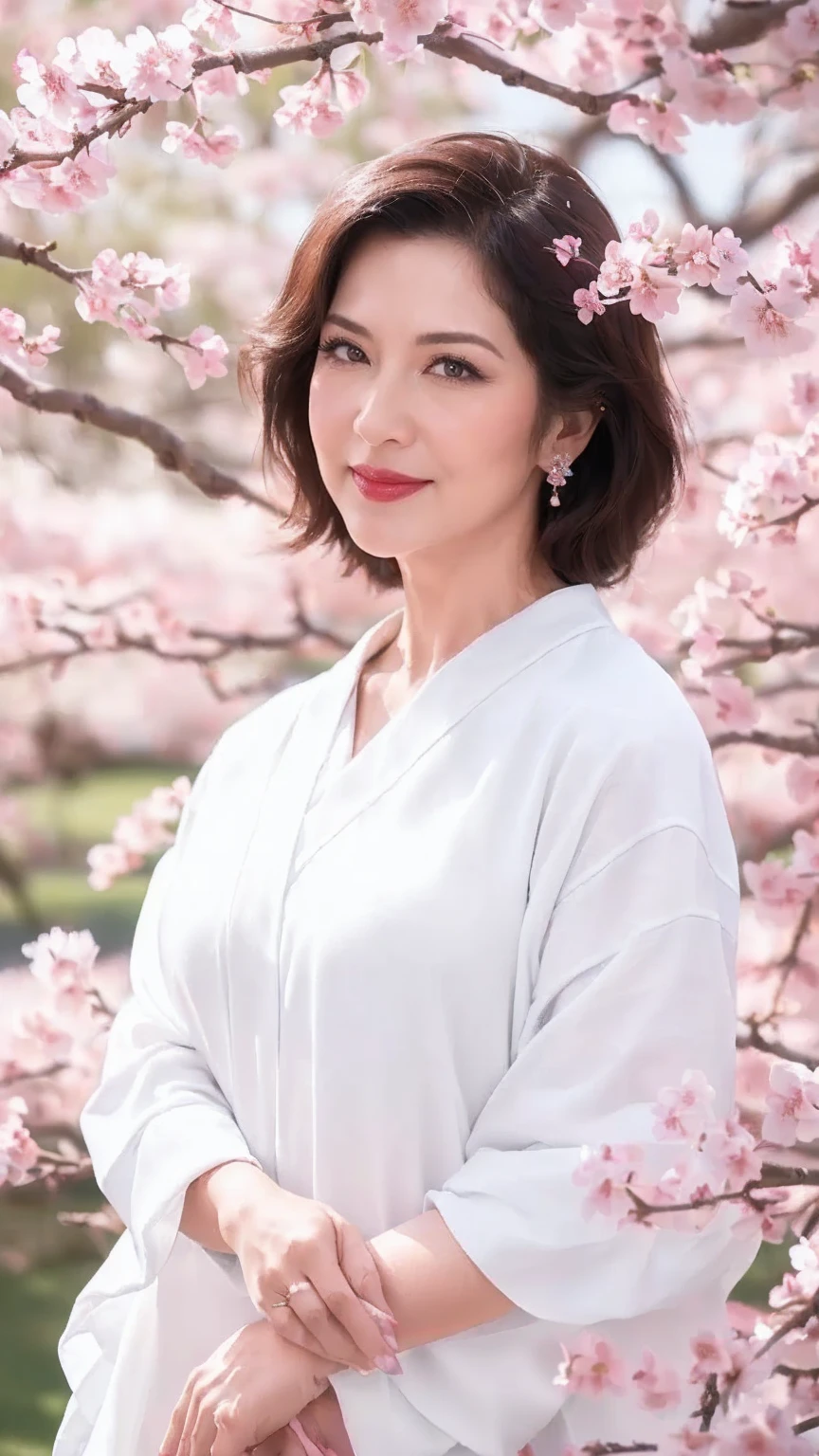 ((highest quality)), ((8K)), ((masterpiece: 1.3)), (perfect appearance), (photorealism: 1.6), (RN), (Mature woman looking up at the cherry blossom tree), perfect anatomy, ((Age 65)), (I'm looking up at the cherry blossoms blooming on the trees), ((white blouse)), ((lipstick, eyeshadow, eyeliner)), ((gentle smile)), (Upper body of a mature woman), (River edge lined with cherry blossom trees),