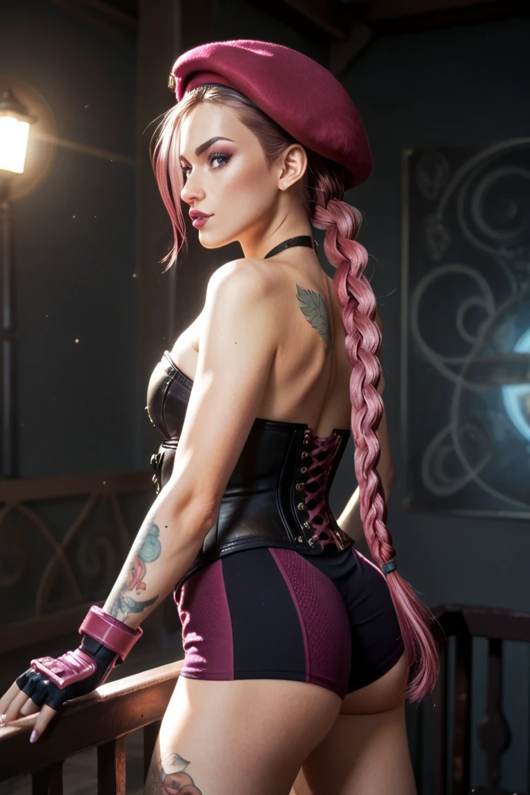 best quality, highres,devil,(gray skin,goth_punk),pink hair,polish,vanpire,(grin:0.5),gaping maw,
holding scale, scale,fire,solo, gloves, horns, elbow gloves, navel cutout, breasts, navel, smile, thighhighs, twin braids,
clothing cutout, braid, grin, sketch, skirt, purple gloves, purple hair, pink hair, medium breasts, brown eyes, long hair, bangs,
standing, from back,
(looking away:1.3),
in the aristocratic mansion in the 1600s, inside a mansion, in the style of dark and ominous, a dimly lit atmosphere,
purple thighhighs
