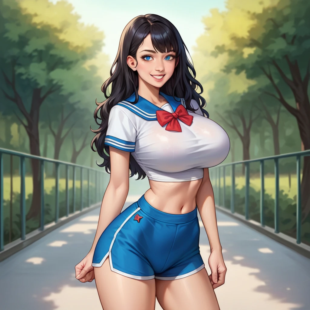 Beautiful woman、A face with glamorous eyeshadow and makeup、Nice body、Big Tits、Earrings、Super miniskirt sailor suit、White panties、garden、Shiny skin、Sweaty body、From the thigh up