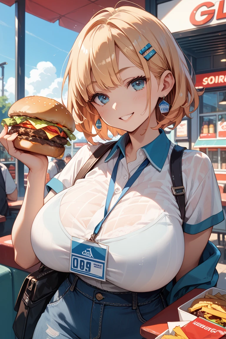 Put hamburger buns on the chest, (there are buns on the chest, women put burgers on the chest, put vegetables and burgers on the chest, spread ketchup on the chest) realistic, masterpiece, top, details look at appearance, cleavage ,sweaty legs,orgasm,,shy smile,breast cream,cartoon,mouth-watering,big breasts,big breasts,