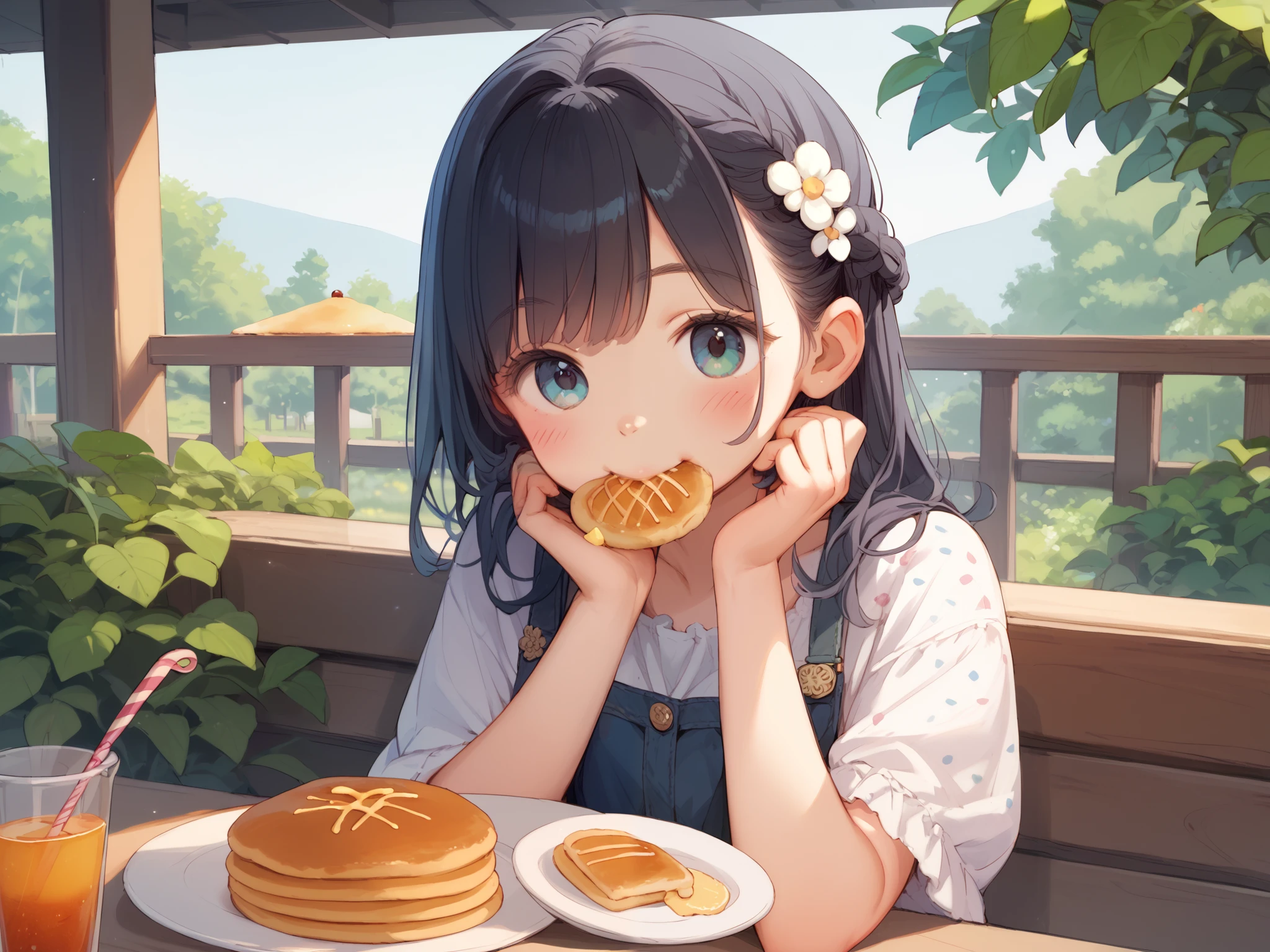 Bright fruits add color 、anime style illustration of eating fluffy pancakes deliciously。 The girl is wearing casual but stylish clothes 、Pick up a bite with a fork、 A cute and lively girl with long black hair 。in the warm atmosphere of the cafe、 Pancakes are baked golden 、Creating a comfortable space。The girls wear casual yet stylish clothes、Enhances loveliness。Pancakes are baked to a golden color、 In front of pancakes topped with syrup and fresh berries 、Bright fruits add color。The composition is、 Whipped cream and syrup meltingly flow down 、 Enhances cuteness