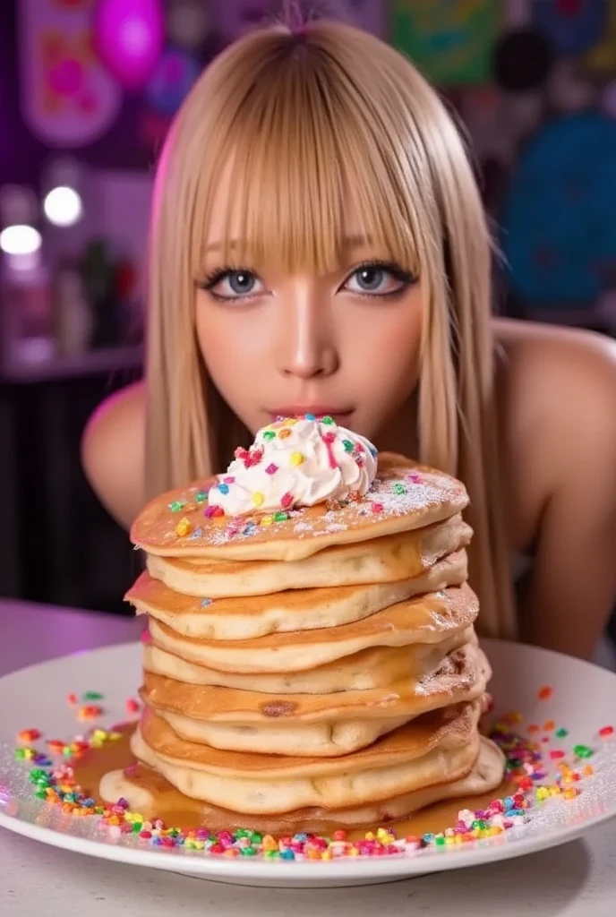 day to celebrate the birth of pancakes、thick pancakes stacked on top３Stacked、ice cream is on the top with sugar powder on it、maple syrup is sprinkled、Birthday party atmosphere、crackers sound、 confetti is dancing in front of the school gate、Blond, blue-eyed gal looking seriously at pancakes、gal、Patty、Pancake day