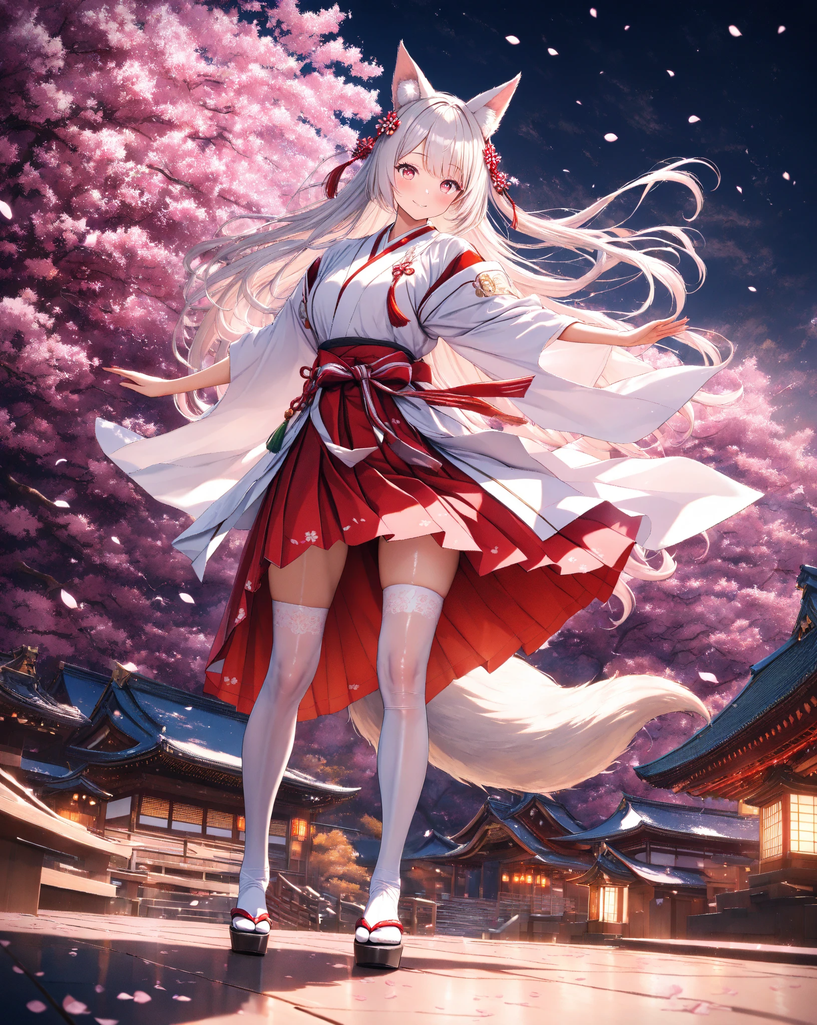 Girl, 17 years old, fair skin, long silver hair braided in one ponytail, purple eyes, white yukata with open legs and sakura petals, slim, beautiful legs, black belt, black gloves, red sakura flowers, purple long cloak, detailing, perfect, red and black bracelets on legs and arms, wooden high heels, kitsune mask, high opaque white stockings