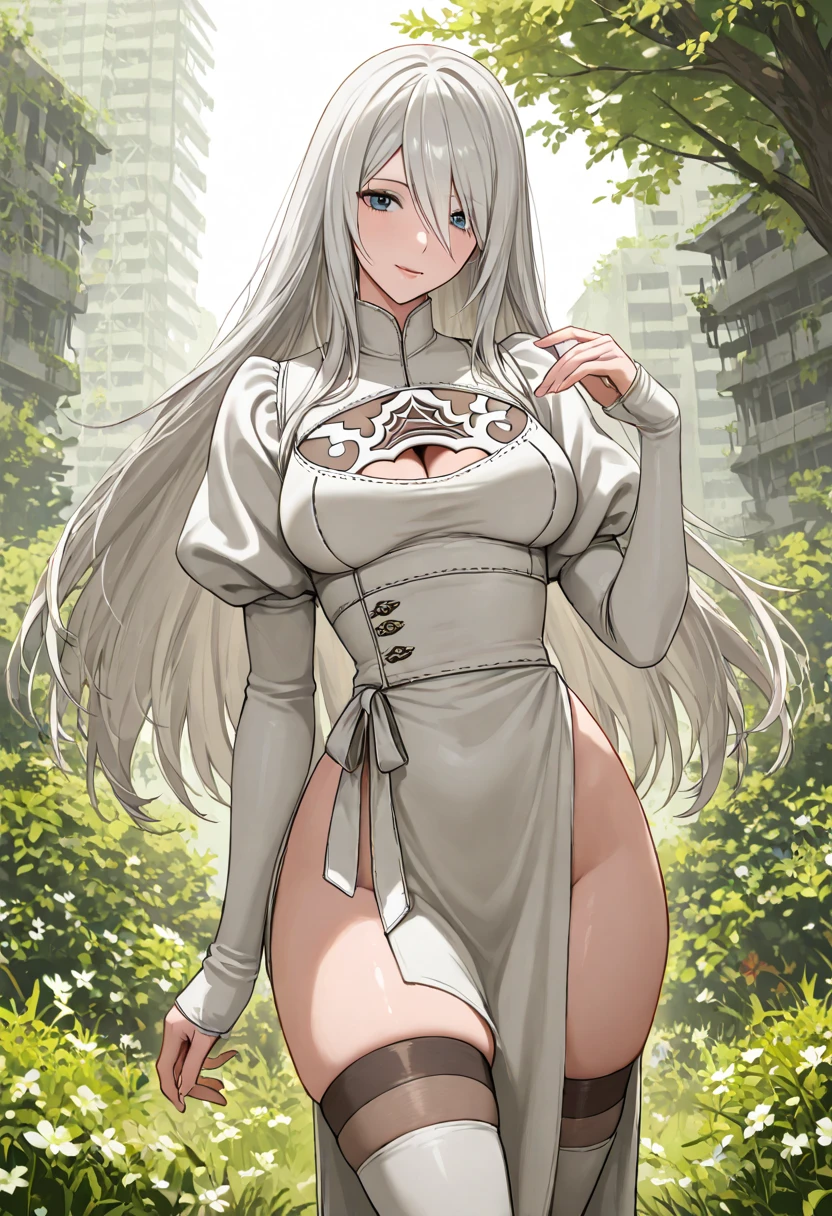 (Masterpiece, best quality), (highres, ultra-detailed), (absurdres, perfect anatomy), outdoors, 1girl, solo, dress, sela, large breasts, tan, necklace, white sleeves, thighhighs, muscular, thighs, full body, priestess, church, religous, pants, coat, pullover