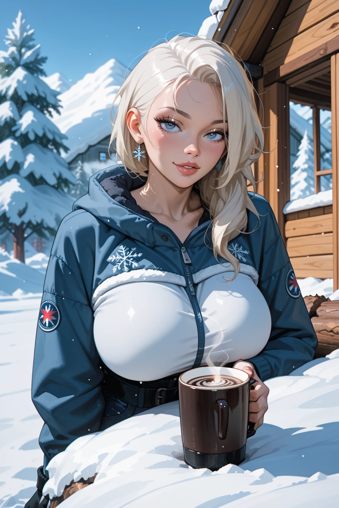 Hot sexy beautiful milf sitting in house drinking hot coffee, white sweater,cross earrings,big breasts, lipstick,makeup, black,two falling hair strands,blush,short hair , purple eyes,winter scarf,winter hand gloves,blonde hair,full body view,winter pants,