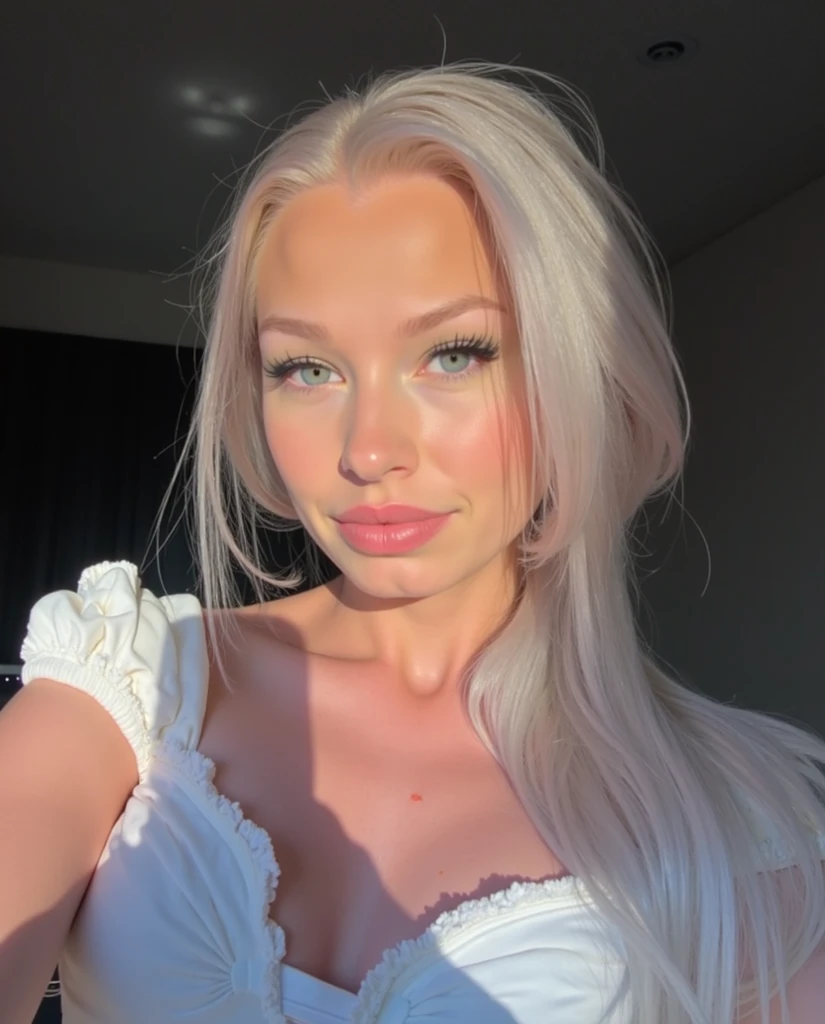 (Beautiful 35 year old woman with platinum hair very straight hair), perfect face, closed mouth, (extremely detailed eyes), (Sagging Tits:0.6), Jiggle Physics, (highly detailed skin), pale skin, (eating a mac and cheese at home)
