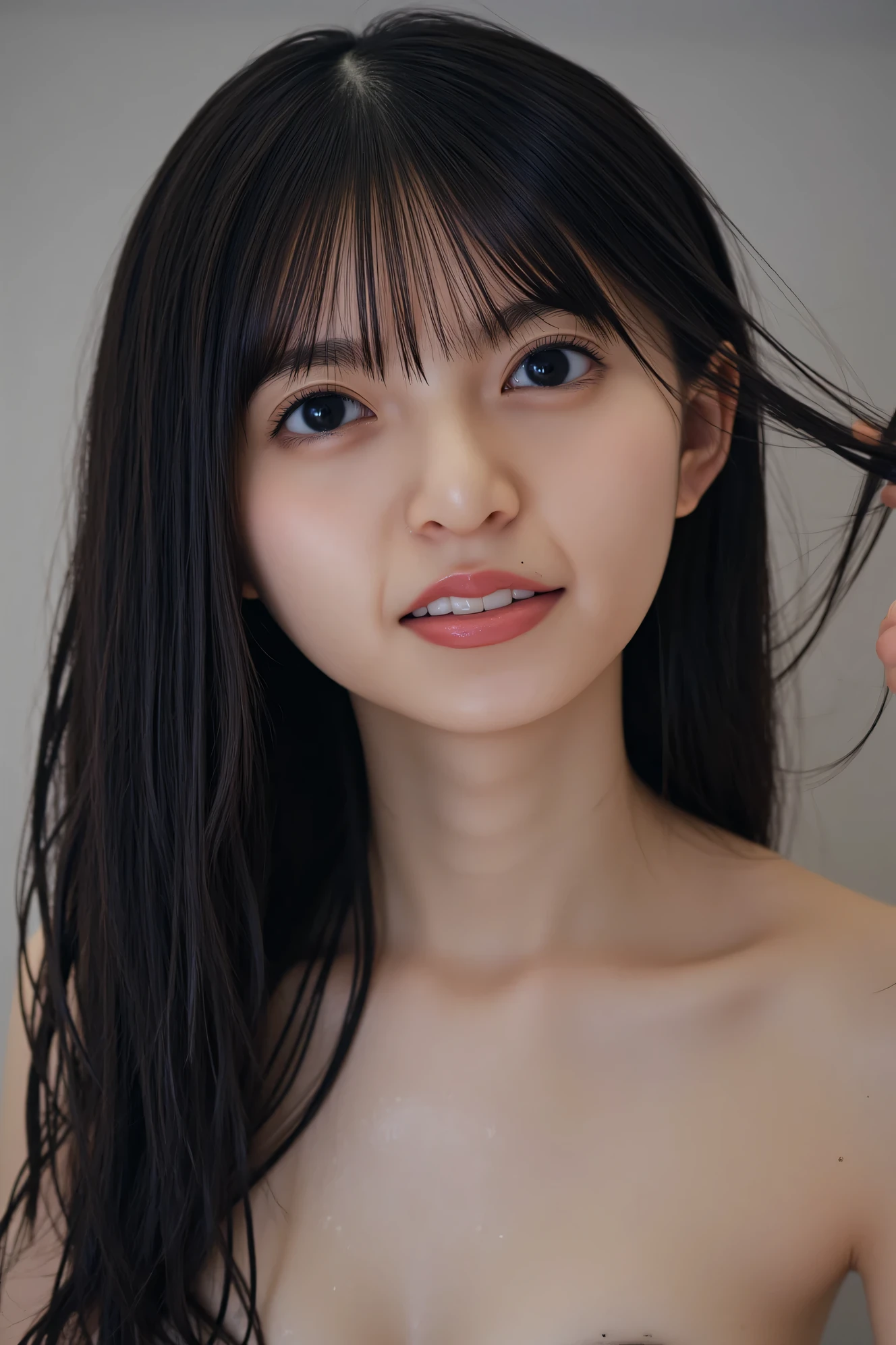 ((( High Resolution , top quality, very well detailed, masterpiece , highly detailed photos , realistic , Real people , Ultra precise skin ))) , , ( from the front ) , full body , Advance Shot , Viewer , ( giggle face ) , { taking a bath } , black hair , medium hair , medium breasts , focus on the face , chest and hip , (( tuck hair behind the ear : 1.8)) , { nsfw } , In the gloomy bathroom , water drop , the hair and body is wet