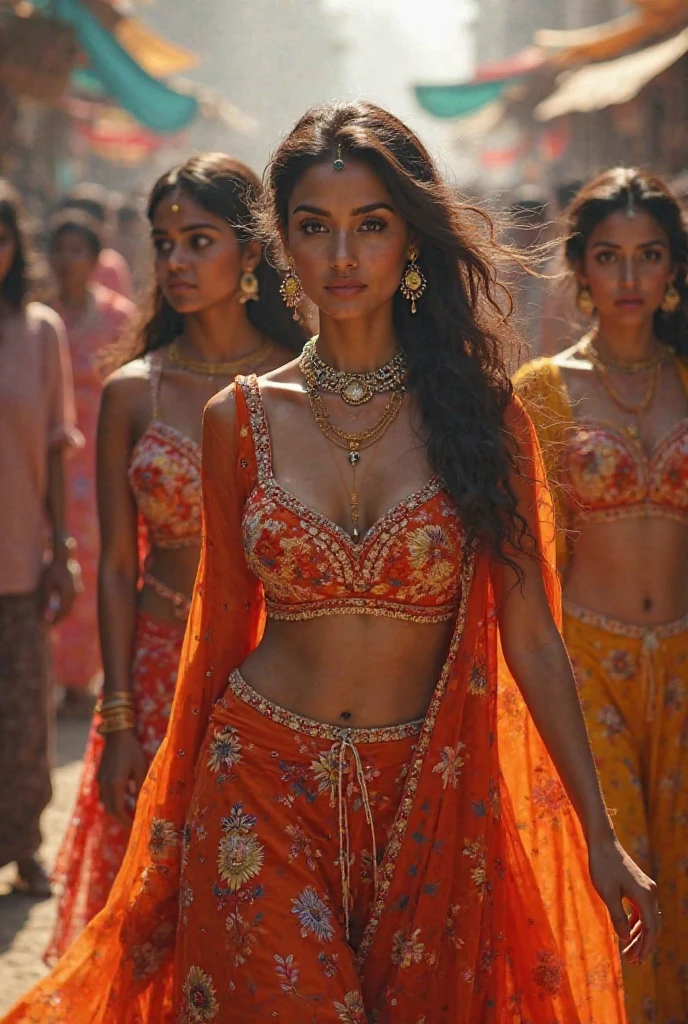 Beautiful Indian women wearing half blouse with big cleavage and underwear , background in market of Indian and little crowd 


