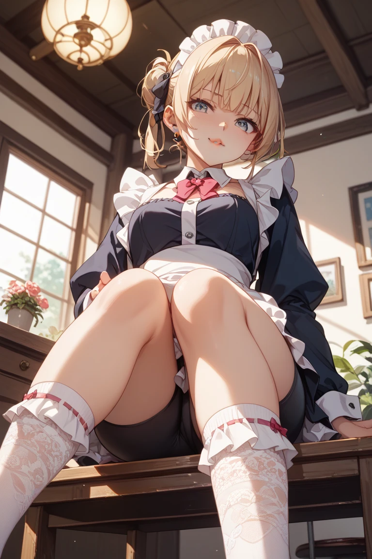 (best picture quality, 8K, high quality, masterpiece:1.2), ((masterpiece)), (high detail, high quality, best picture quality), bokeh, DOF, Portrait, open stance, (cute illustration:1.2), nsfw, sleeveless maid dress, cute girl, sexy, armpits, studium,  littele chilli, blo hair, bun hairstyle, squatting, spread legs, embarrassed, crying,