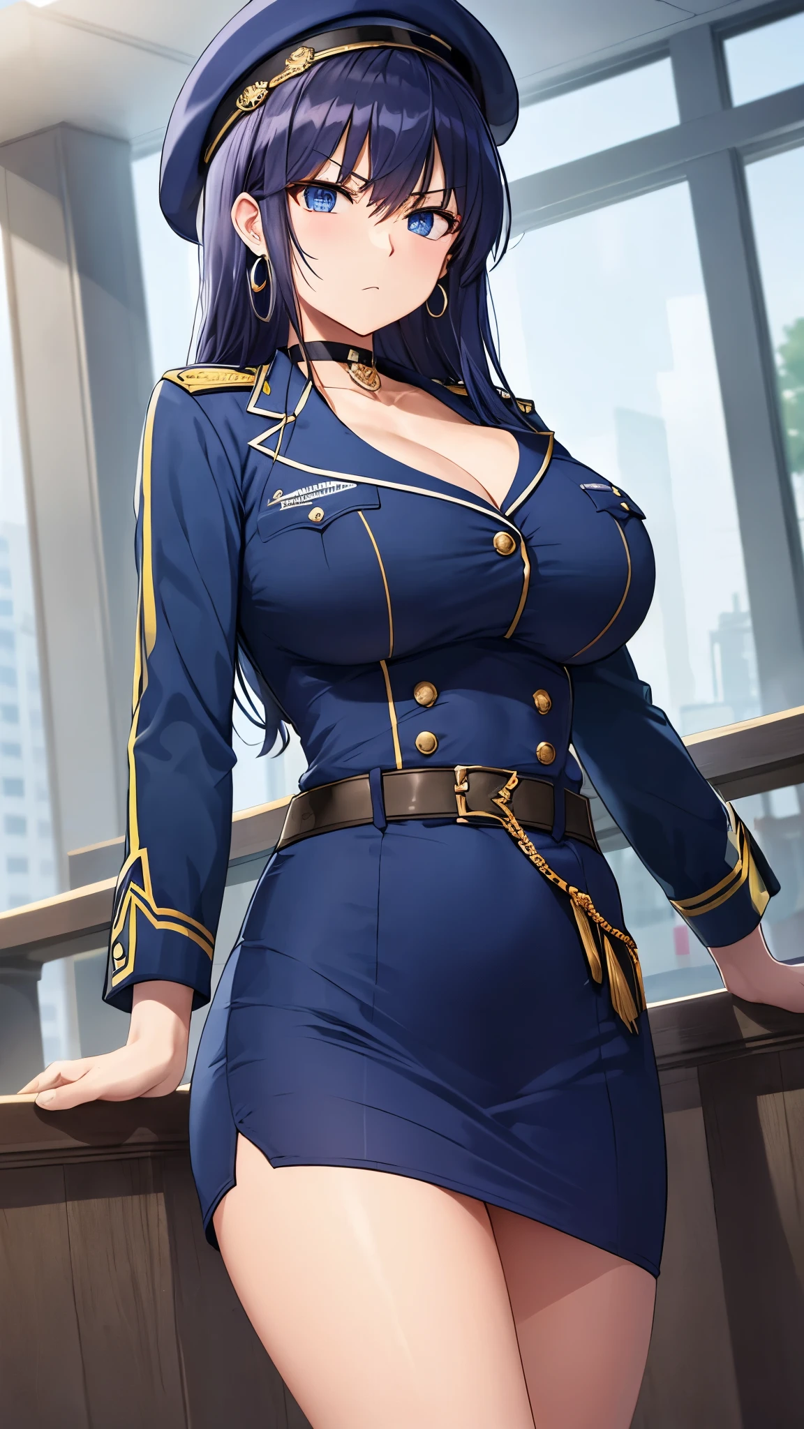 Female Boss,Years on,Black Hair,ponytail,Large Breasts,Cleavage,Jacket, White shirt, belt, uniform, Blue Skirt, army, formal, blue Jacket,Pencil Skirt,Fishnet tights,Purple intricate lace and lingerie