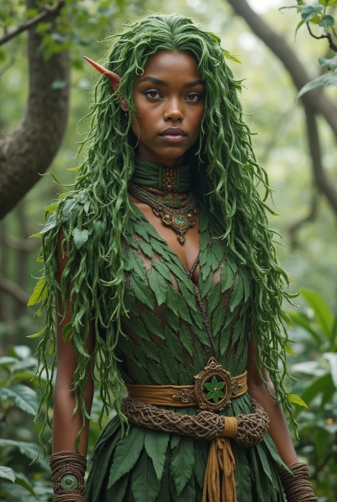 Elfo d&d, feminine, long moss green curly hair, dark brown skin, with indigenous traits, eye with heterochromia one of them moss green the other honey colored, one meter and fifty centimeters tall, steam punk style orange foliage clothing.
