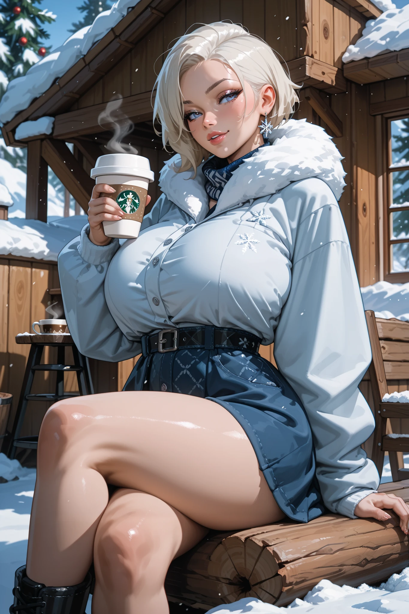platinum blonde woman, shoulder length hair, huge breasts, enjoying a cup of coffee in the winter air sitting in a chair on the porch of a log cabin at a ski resort, seductive expression