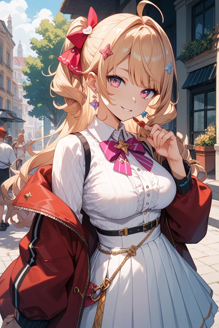 score_9, score_8_up, score_7_up, score_6_up, score_5_up, score_4_up, black eyes, brown hair, slightly disheveled medium hair, straight hair, masterpiece, best quality, ultra-detailed, higres, 1girl, solo, mature female, beautiful and perfect face, detailed eyes, detailed eyelashes, pretty face, mature adult woman, mature milf face, pale skin, skindentation, full-face blush, smile, open mouth, earrings, looking at viewer, cowboy shot, idol clothes, dress,collared dress, jacket, cropped jacket, short sleeves, bowtie, bow, buttons, hat, beret, large breasts, wide hips, curvy, street, outdoors, expressive, anime, cartoon, hearts, speedlines, dynamic, semen, expressiveh