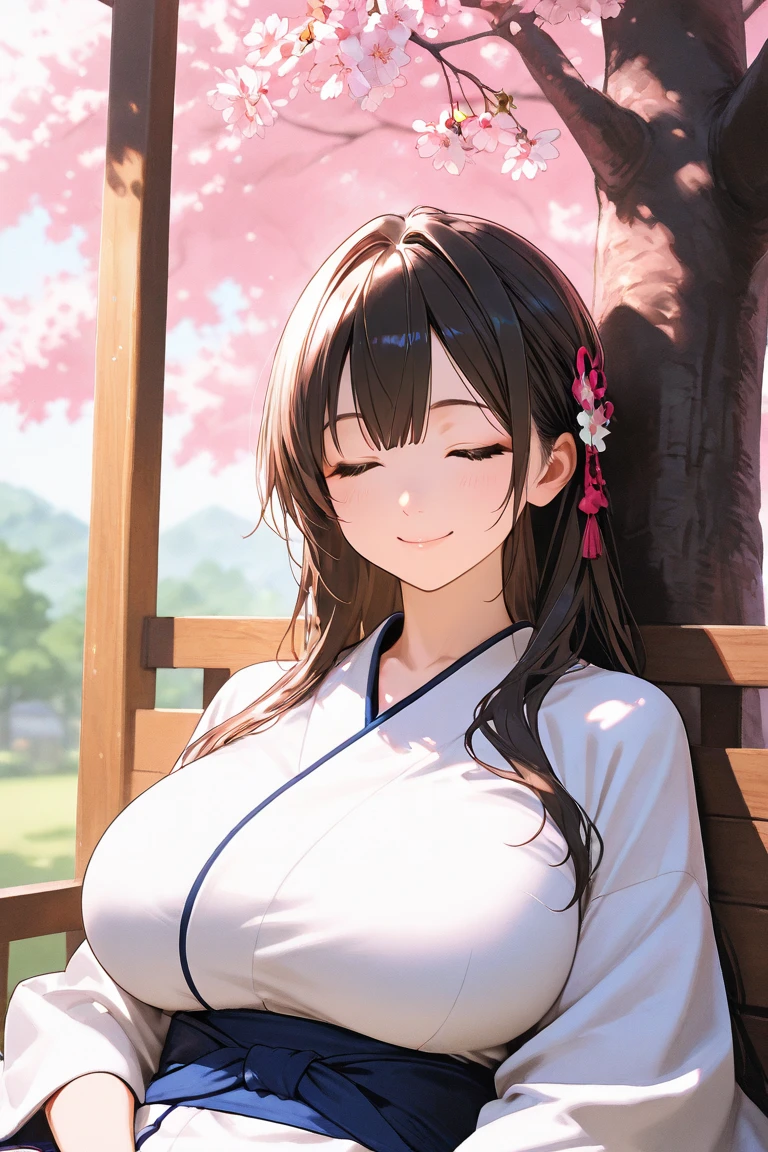 {creation、high quality、Highest image quality、4K}、beautiful woman with big breasts、black hair、blue eyes、japanese samurai、long hair、smile、cherry blossoms、