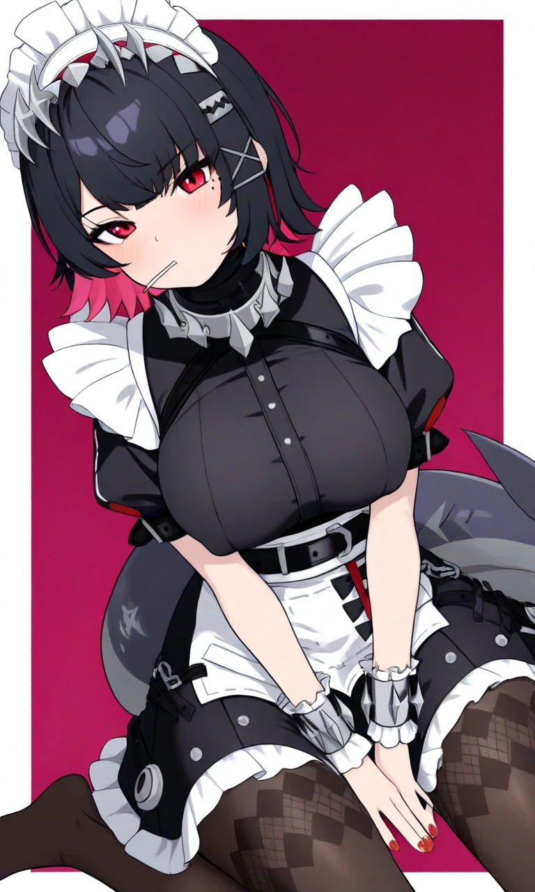 masterpiece, best quality, high resolution, absurdres, 1girl, ellen_joe, Ellen_Joe, red_eyes, black_hair, short_hair, colored_inner_hair, large_breasts, fish_tail, hair_ornament, hairclip, x_hair_ornament, spiked_hairband, spiked_bracelet, spiked_collar, beautiful detailed eyes, maid, maid_headdress, black_dress, frills, puffy_short_sleeves, maid_apron, black_belt, bow, (brown_pantyhose), fins, white_border, red_background, lollipop, being bra-less, (nipples (under) black shirt:0.7), erect nipples, black shirt, hand between legs, breasts squeezed together, wariza, dutch_angle, looking_at_viewer, red_nails