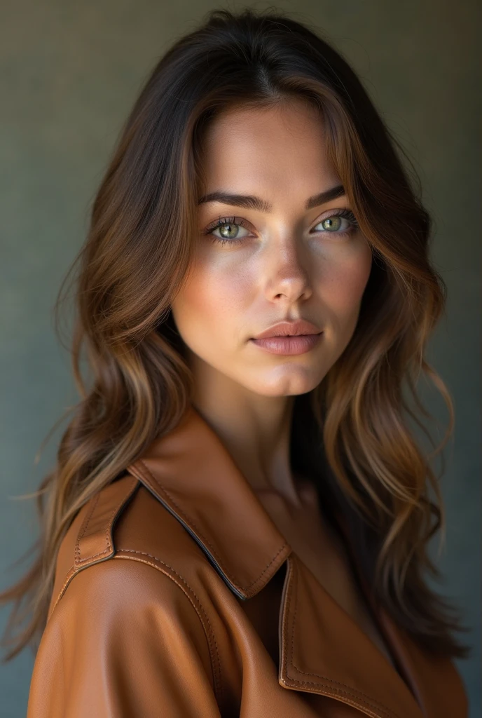 A very realistic and detailed photo of beautiful young woman, brown leather jacket, perfect makeup, hair let down, brown hair, high quality photo 4k, very detailed, perfect fit, looking at the camera, detailed realistic face, detailed brown eyes, confident, Italian scene
